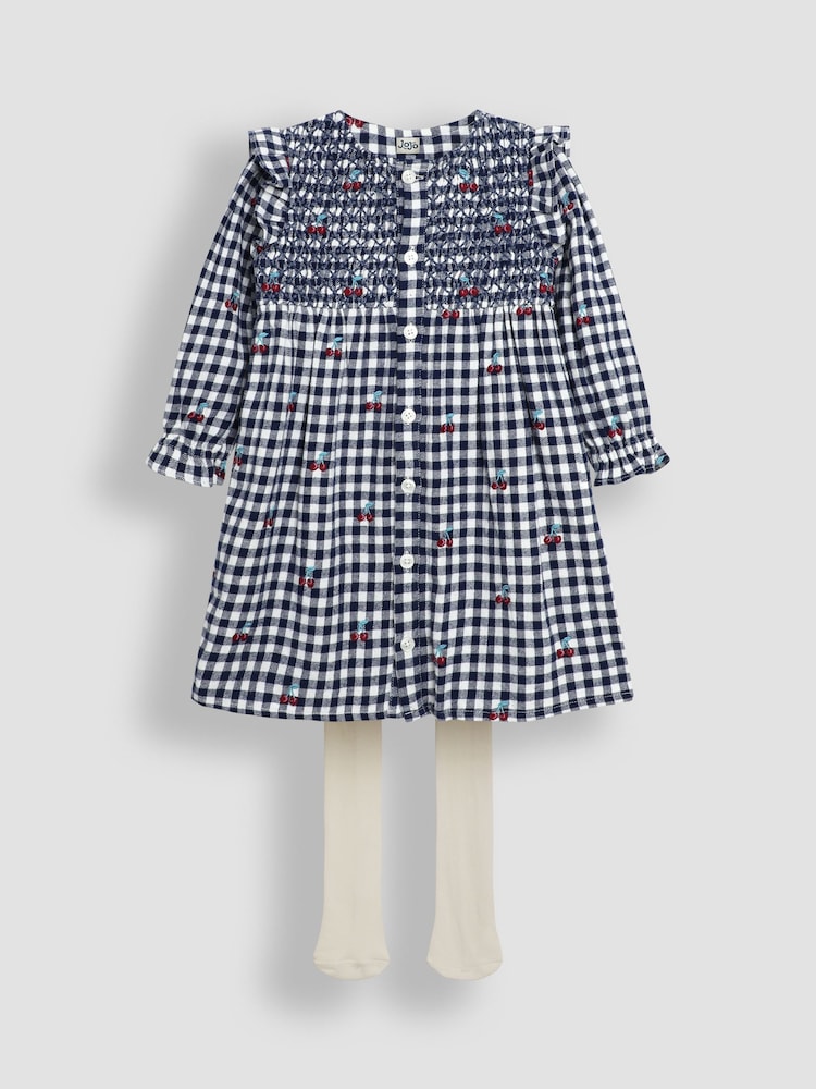 JoJo Maman Bébé Navy Blue Cherry Embroidered Frill Shoulder Smocked Dress & Tights Set - Image 1 of 6