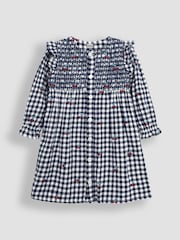 JoJo Maman Bébé Navy Blue Cherry Embroidered Frill Shoulder Smocked Dress & Tights Set - Image 2 of 6
