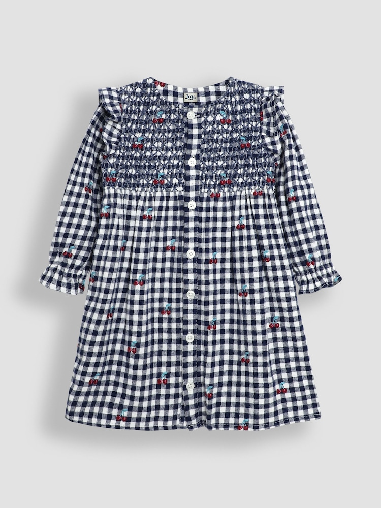 JoJo Maman Bébé Navy Blue Cherry Embroidered Frill Shoulder Smocked Dress & Tights Set - Image 2 of 6
