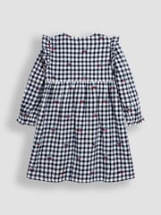 JoJo Maman Bébé Navy Blue Cherry Embroidered Frill Shoulder Smocked Dress & Tights Set - Image 3 of 6