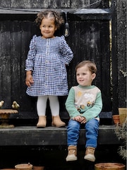 JoJo Maman Bébé Navy Blue Cherry Embroidered Frill Shoulder Smocked Dress & Tights Set - Image 6 of 6