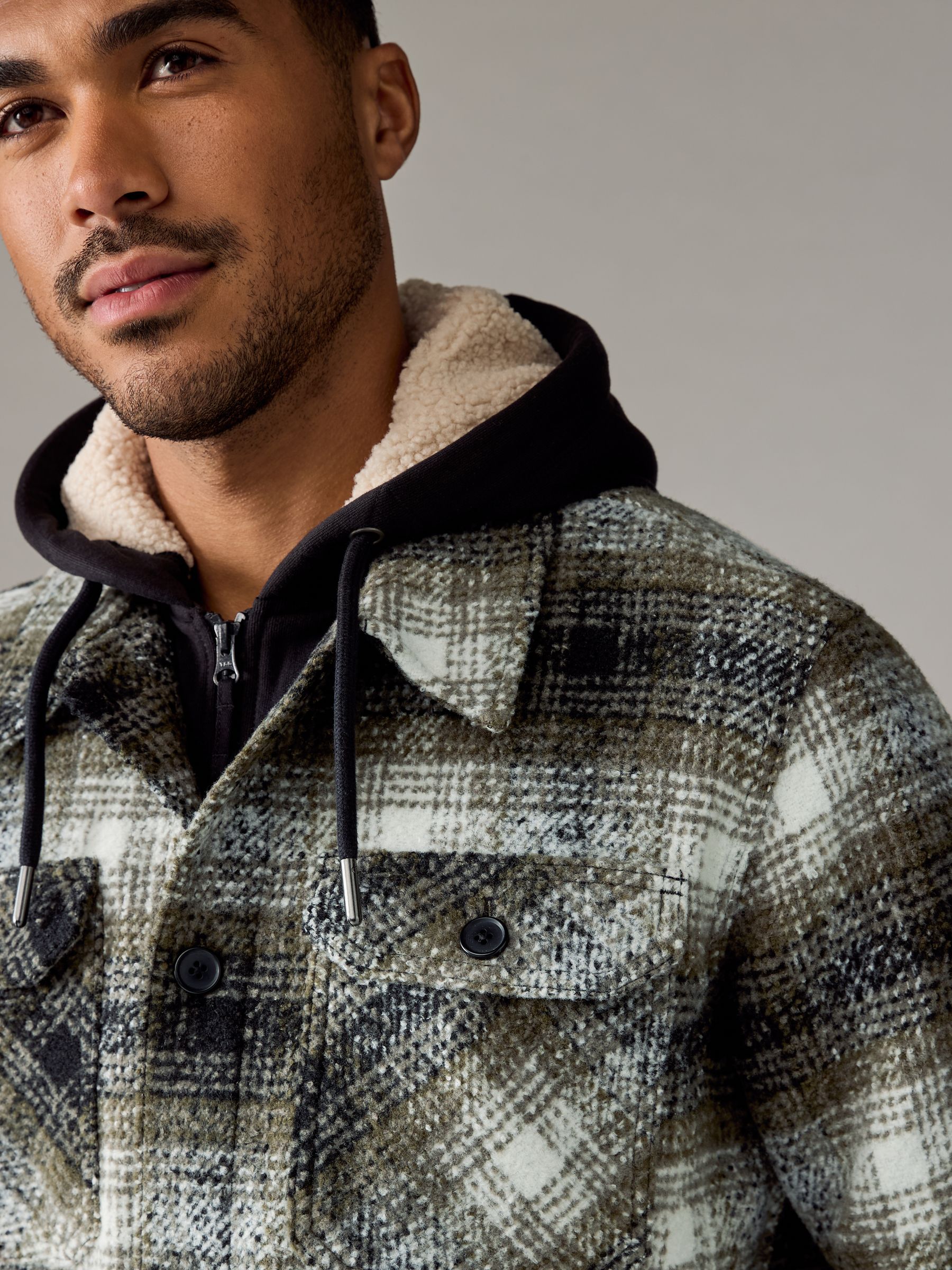 Buy Green Check Hooded Borg Lined Shacket from the Next UK online shop