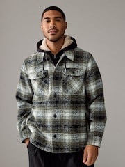 Green Check Hooded Borg Lined Shacket - Image 2 of 9
