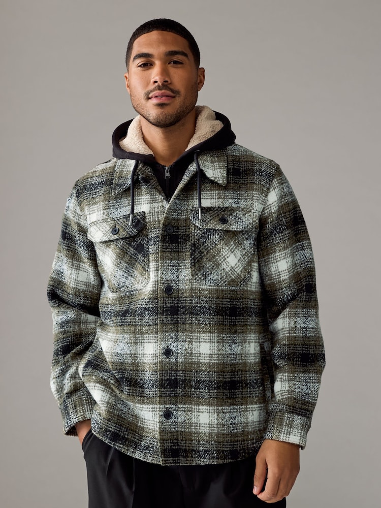 Green Check Hooded Borg Lined Shacket - Image 2 of 9