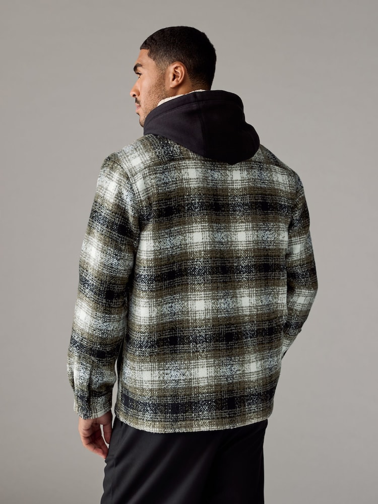 Green Check Hooded Borg Lined Shacket - Image 4 of 9