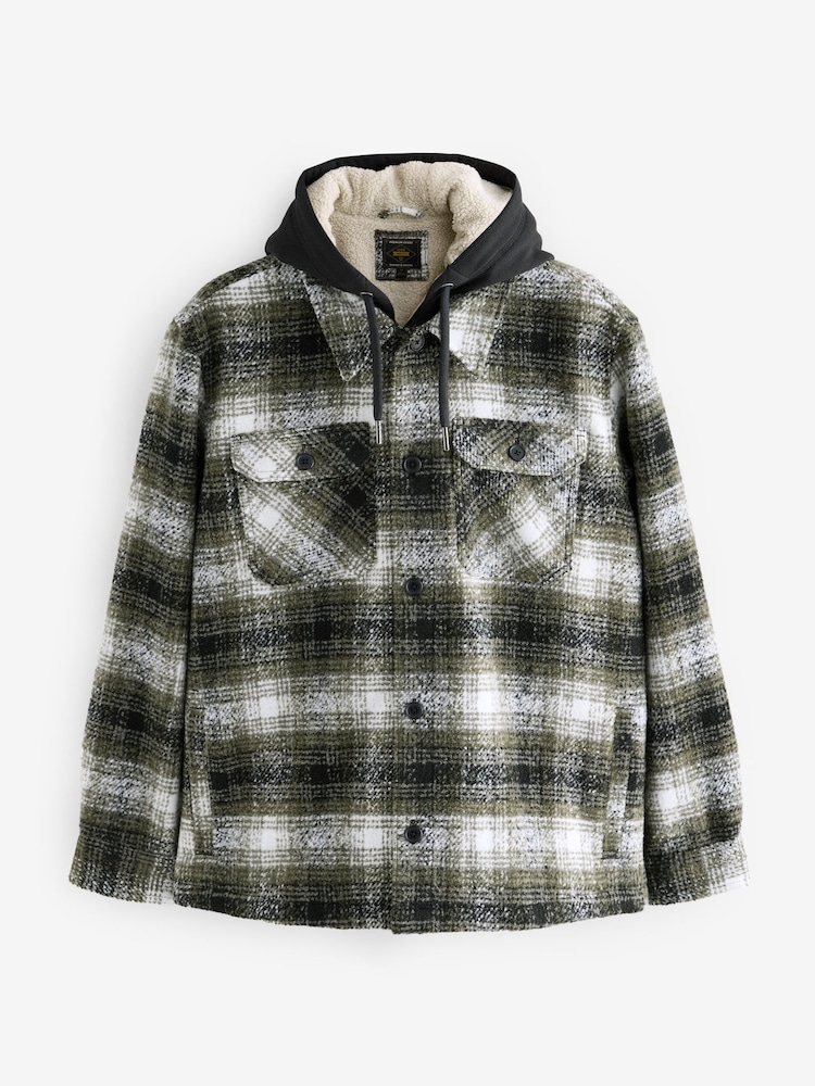 Green Check Hooded Borg Lined Shacket - Image 6 of 9