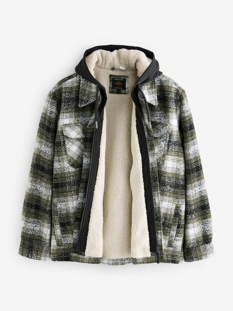 Green Check Hooded Borg Lined Shacket - Image 7 of 9