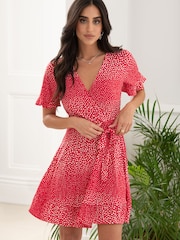 Pour Moi Red Birdie Frill Detail Slinky Recycled Stretch Dress - Image 1 of 4