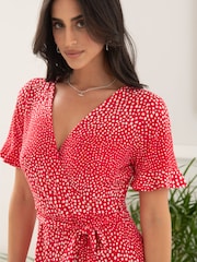 Pour Moi Red Birdie Frill Detail Slinky Recycled Stretch Dress - Image 2 of 4