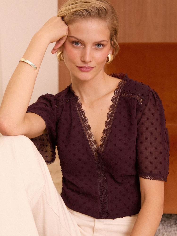 Love & Roses Berry Red Dobby Flutter Sleeve Blouse - Image 1 of 4