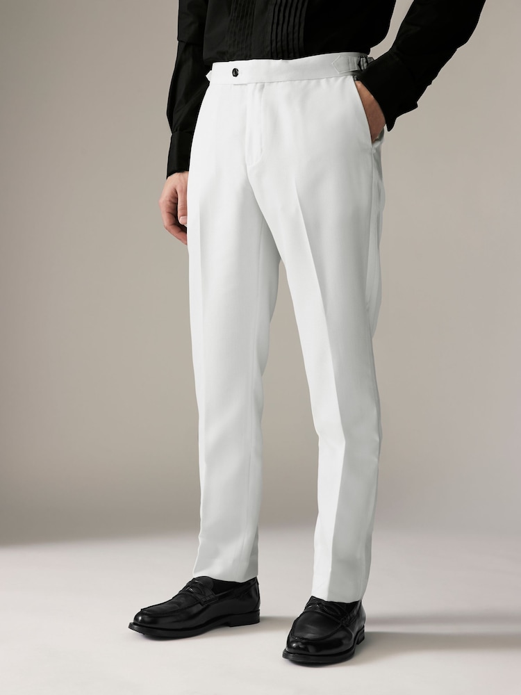 White Slim Fit Adjustable Tape Detail Tuxedo Trousers - Image 1 of 7