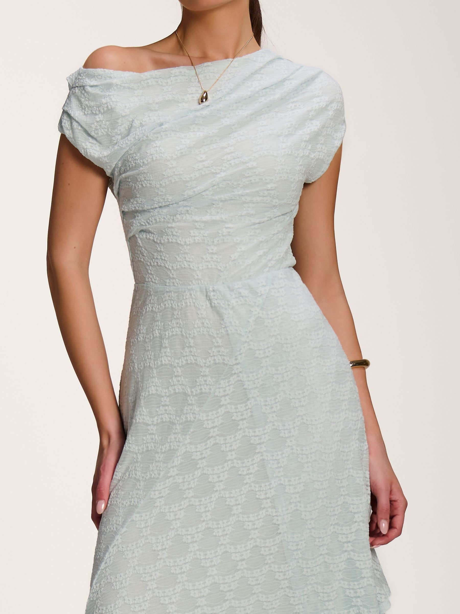 Buy Jolie Moi Teal Blue Asymmetric Draped Lace Maxi Dress from