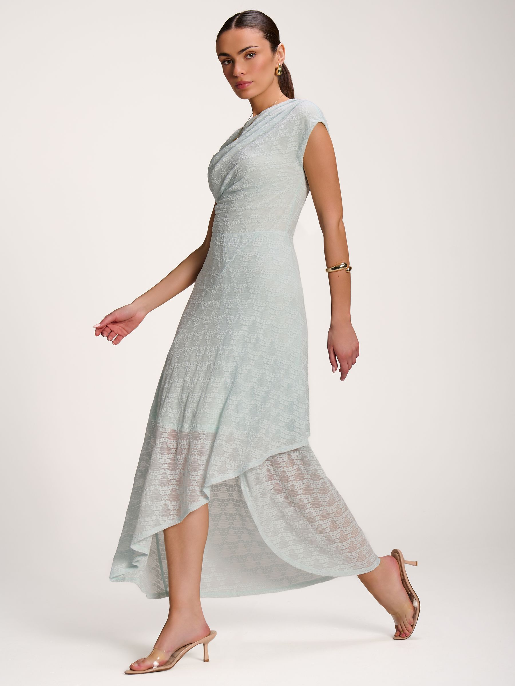 Buy Jolie Moi Teal Blue Asymmetric Draped Lace Maxi Dress from
