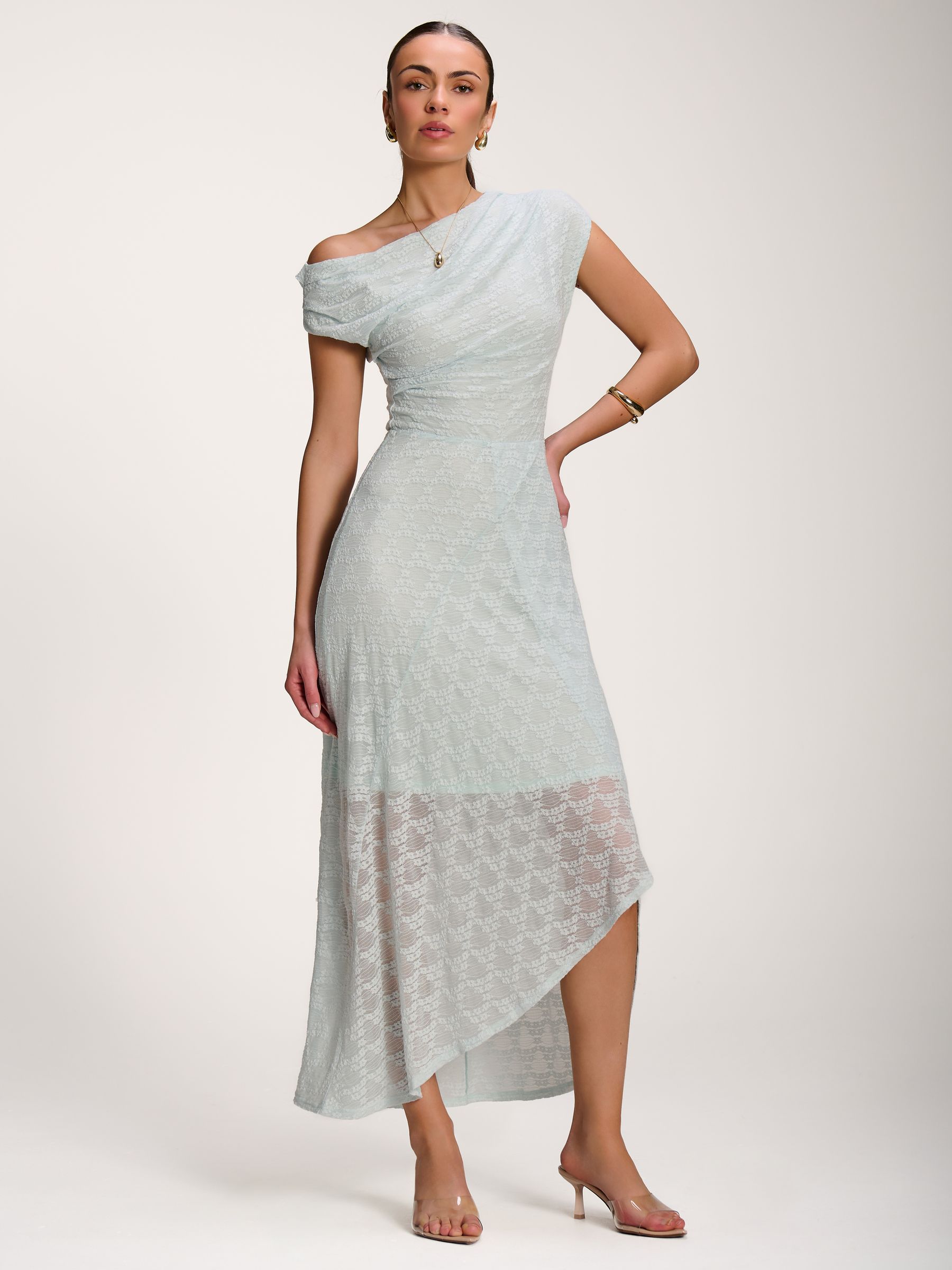 Buy Jolie Moi Teal Blue Asymmetric Draped Lace Maxi Dress from