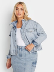 Yours Curve Blue 100% Cotton Denim Biker Jacket - Image 1 of 4