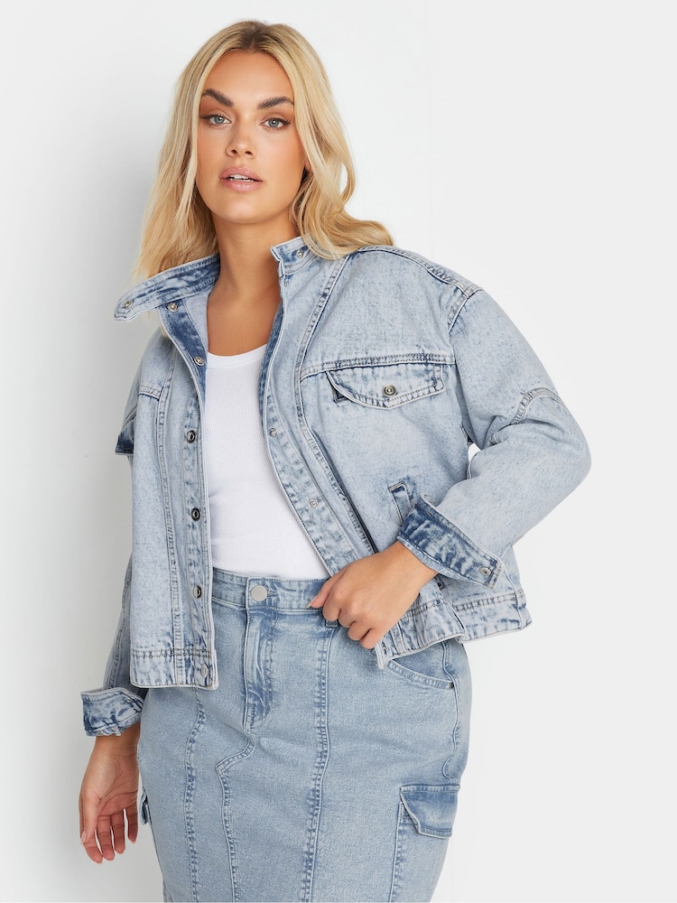 Yours Curve Blue 100% Cotton Denim Biker Jacket - Image 1 of 4