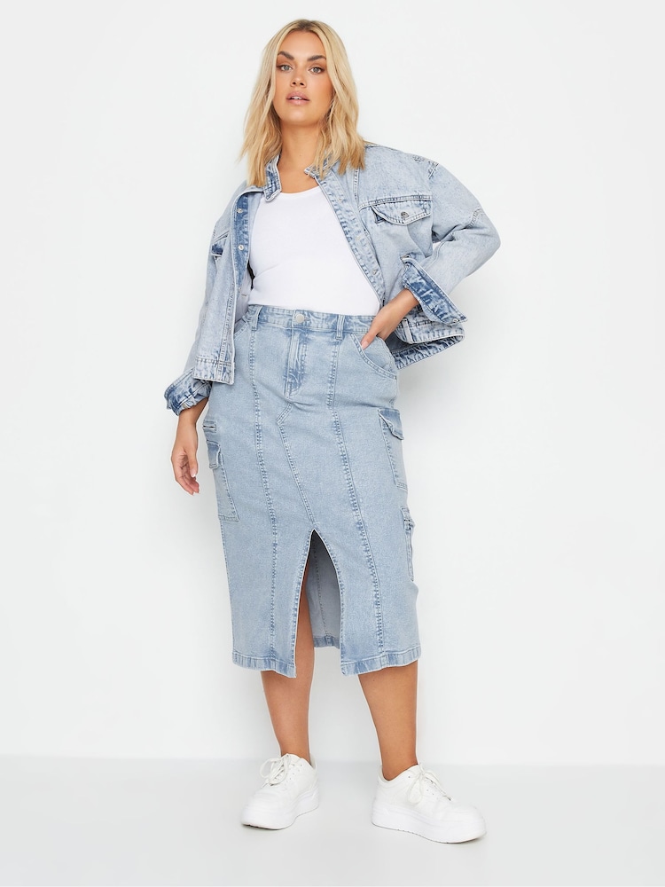Yours Curve Blue 100% Cotton Denim Biker Jacket - Image 2 of 4