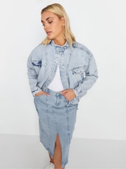 Yours Curve Blue 100% Cotton Denim Biker Jacket - Image 4 of 4