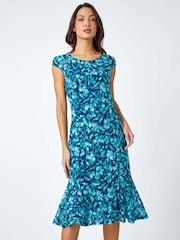 Roman Blue Floral Print Lace Midi Stretch Dress - Image 1 of 5
