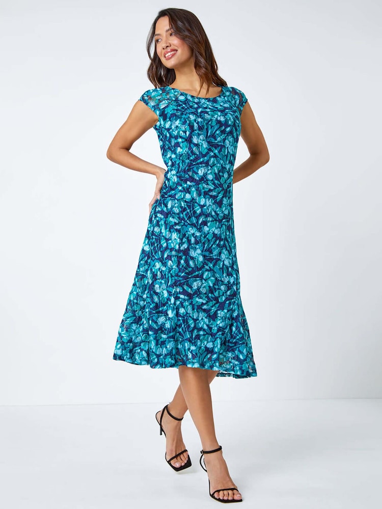 Roman Blue Floral Print Lace Midi Stretch Dress - Image 2 of 5