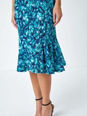 Roman Blue Floral Print Lace Midi Stretch Dress - Image 5 of 5