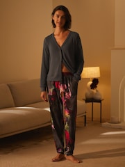 B By Ted Baker Charcoal Grey Floral Print Cosy Cardigan Jogger Pyjamas Set - Image 1 of 10