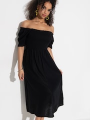 Pour Moi Black Daisy Shirred Bodice Short Sleeve Midi Dress - Image 1 of 4