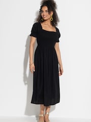 Pour Moi Black Daisy Shirred Bodice Short Sleeve Midi Dress - Image 2 of 4