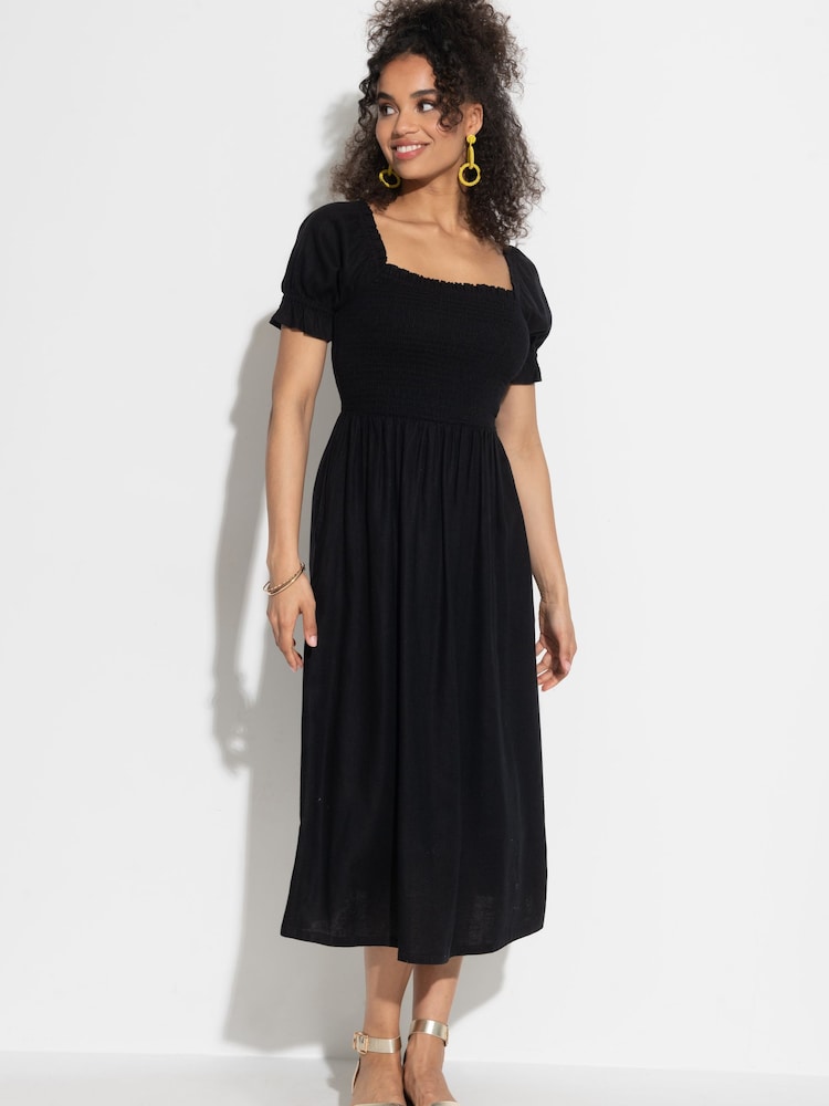 Pour Moi Black Daisy Shirred Bodice Short Sleeve Midi Dress - Image 2 of 4