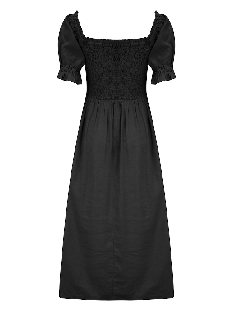 Pour Moi Black Daisy Shirred Bodice Short Sleeve Midi Dress - Image 3 of 4