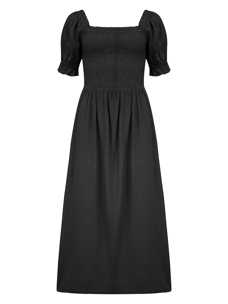 Pour Moi Black Daisy Shirred Bodice Short Sleeve Midi Dress - Image 4 of 4