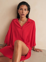 Red Longline Overhead Shirt Cover-Up - Image 1 of 6