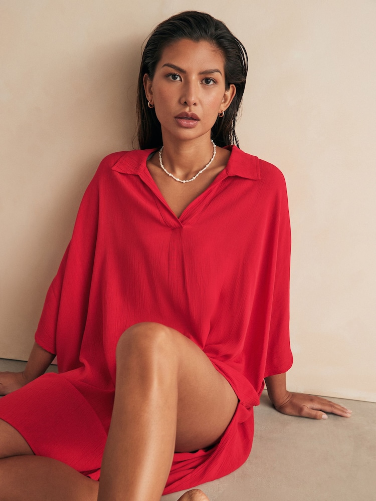 Red Longline Overhead Shirt Cover-Up - Image 1 of 6