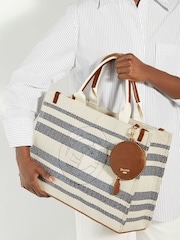 Dune London Blue Large Deltra Stripe Canvas Tote Bag - Image 1 of 6