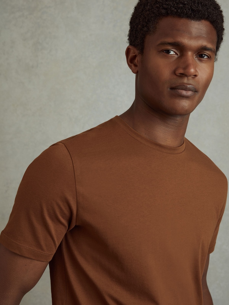 Reiss Mocha Brown Bless Cotton Crew Neck T-Shirt - Image 1 of 5