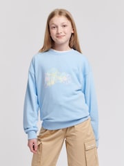 Jack Wills Blue Girls Back Graphic Loose Fit Crew 100% Cotton Sweatshirt - Image 1 of 7