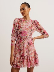 Ted Baker Pink Mildrd Mesh Mini Dress With Shoulder Gathers - Image 4 of 6