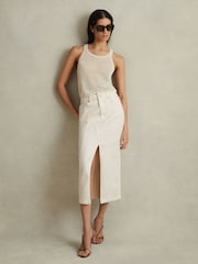 Reiss Ivory Danica High Rise Denim Midi Skirt - Image 1 of 5