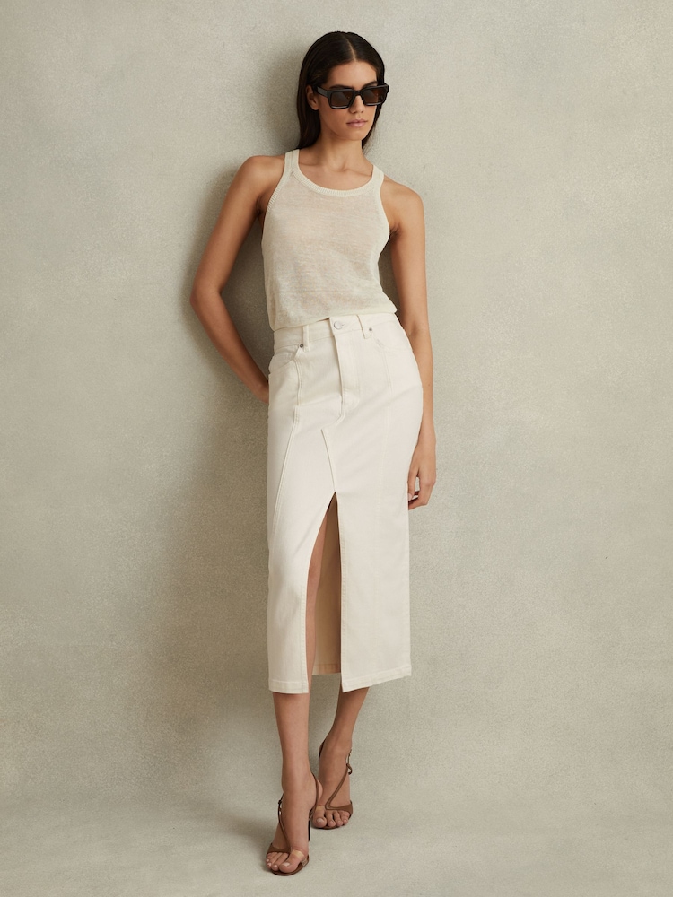 Reiss Ivory Danica High Rise Denim Midi Skirt - Image 1 of 5