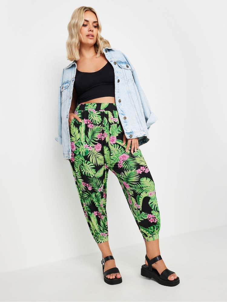 Yours Curve Black White Cropped Harem Trousers - Image 1 of 5
