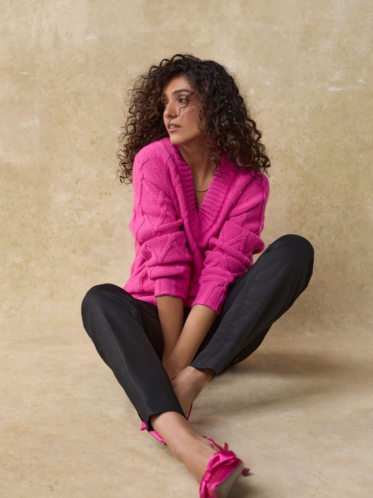 Bright Pink Cable Knitted Longline V-Neck Tunic Jumper with Wool - Image 2 of 8