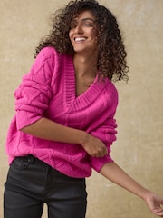 Bright Pink Cable Knitted Longline V-Neck Tunic Jumper with Wool - Image 3 of 8