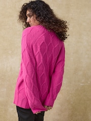 Bright Pink Cable Knitted Longline V-Neck Tunic Jumper with Wool - Image 4 of 8
