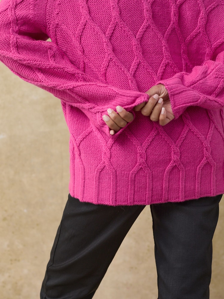 Buy Bright Pink Cable Knitted Longline V-Neck Tunic Jumper with