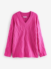 Bright Pink Cable Knitted Longline V-Neck Tunic Jumper with Wool - Image 7 of 8