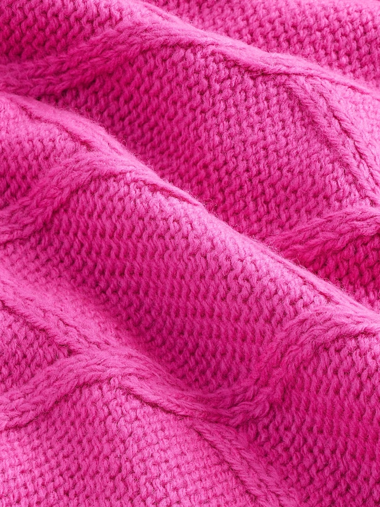 Bright Pink Cable Knitted Longline V-Neck Tunic Jumper with Wool - Image 8 of 8