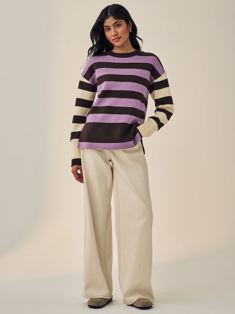 Purple Stripe Compact Cosy Crew Neck Jumper With Side Split Detail - Image 2 of 8 Purple Stripe Compact Cosy Crew Neck Jumper With Side Split Detail - Image 2 of 8