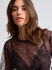 Burgundy Red Long Sleeve Sequin Leaf Blouse - Image 3 of 6