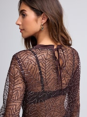 Burgundy Red Long Sleeve Sequin Leaf Blouse - Image 4 of 6