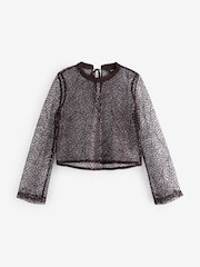 Burgundy Red Long Sleeve Sequin Leaf Blouse - Image 5 of 6